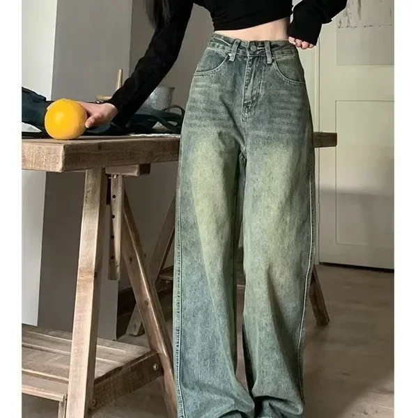 

Pop Washed American Retro High Waist Wide Leg Straight Jeans Women's Summer Slimming Denim Pants High Waist Straight Cut Trous
