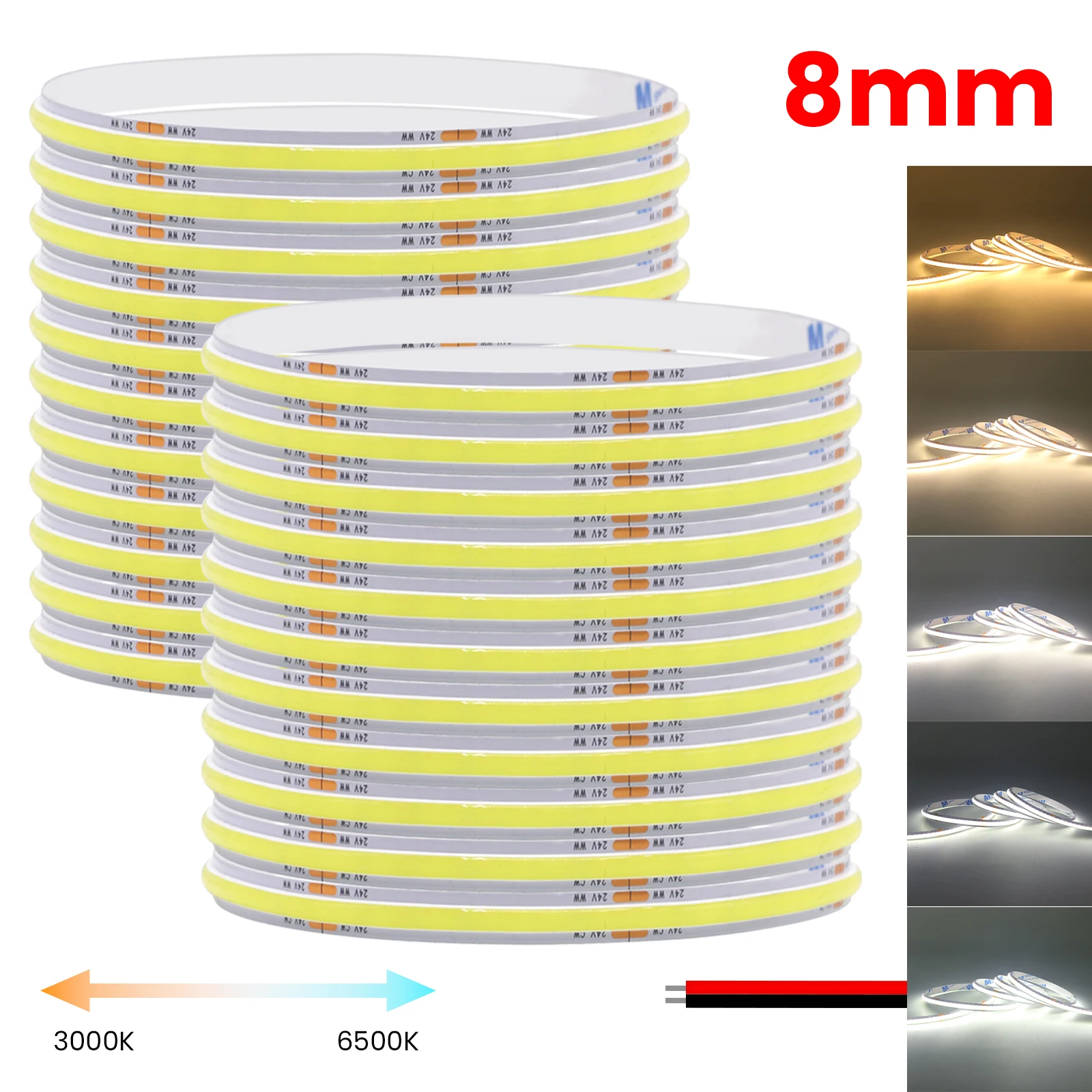24V 480LEDs/M COB LED Strip Light CCT Dual-Color 2700K to 6500K Dimmable Adhesive Ribbon Tape Home Kitchen Linear Lighting 1-10M