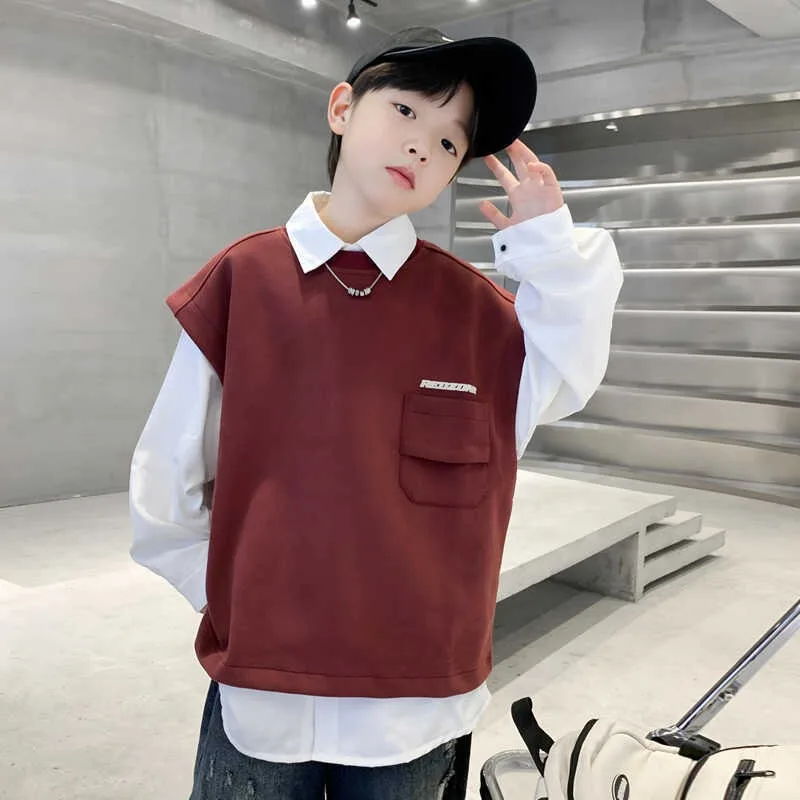 

2025 New Arrival 7-12 Years Old Boys Shirt and Vest Set Big & Mid Size Kids Spring Trendy Top