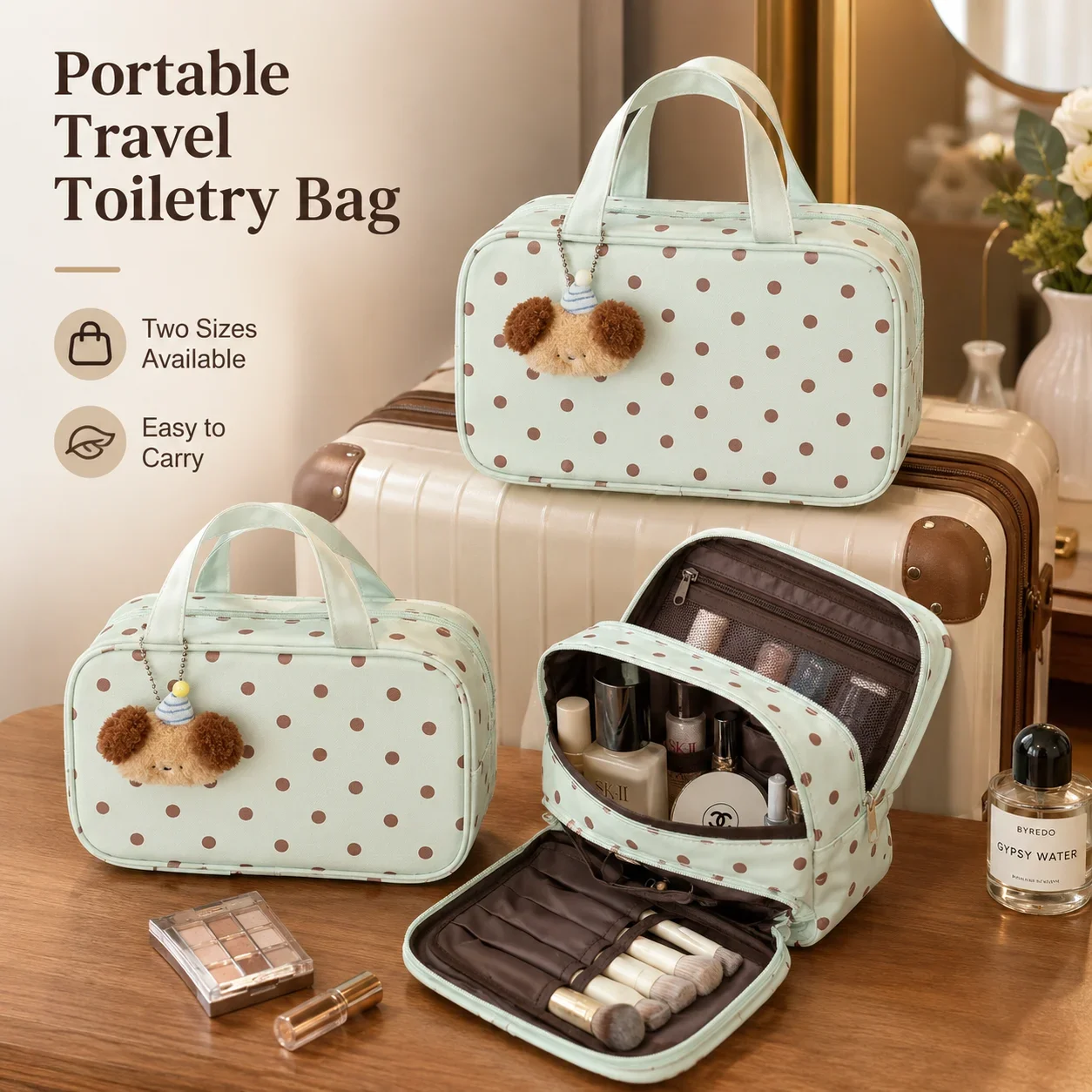 Mint Green Polka Dot Makeup Organizer Bag, High Beauty Large Capacity Travel Pouch, 3-Layer Waterproof Toiletry Case
