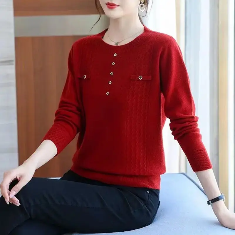 Autumn and Winter Women's Pullover Crew Neck Screw Thread Embroiled Flares Solid Long Sleeve Sweater Knit Fashion Casual Tops