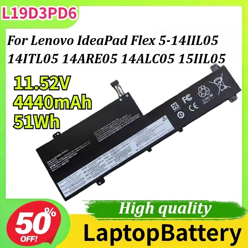 

Аккумулятор L19D3PD6 11.52V 4440mAh 51Wh для Lenovo IdeaPad Flex 5-14IIL05 14ITL05 14ARE05 14ALC05 15IIL05 15ALC05 15ITL05 L19C3PD6 L19M3PD6