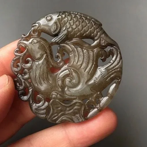 Chinese Two-sided Hollow Out Carved Fish and Phoenix Xiuyu Jade Pendant