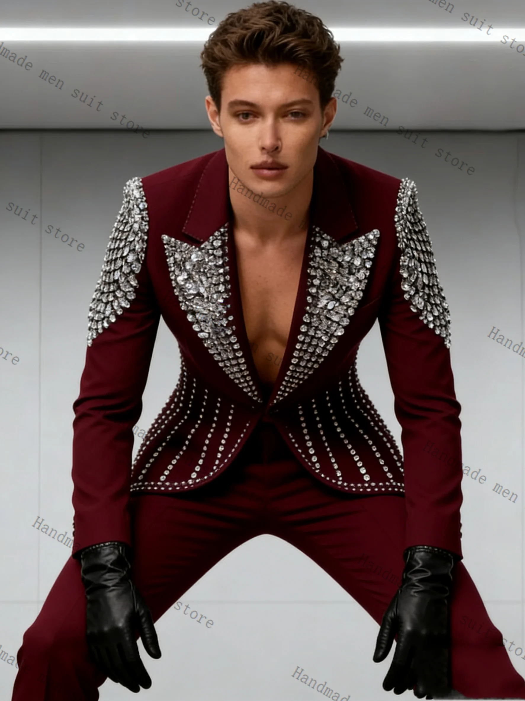 

Crystals Stone Men Suit Set 2 Piece Blazer+Pants Spring Cotton Prom Wedding Tuxedos Coat Customized Formal Office Fashion Jacket