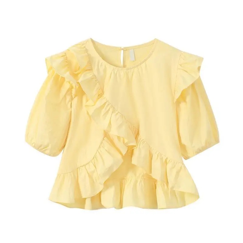 

Cute Girls Korean Style Ruffle Blouse Peter Pan Collar Loose Fit Top with Puff Sleeves Ethereal Kids Fashion Casual Shirt​