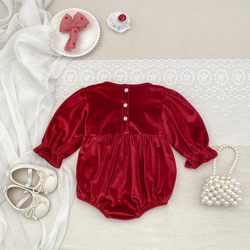 2026 Baby Mädchen Roter Samt-Strampler Langarm Weißer Spitzen-Rüschen-Body Neugeborenen Prinzessin Party Weihnachtsoutfit 0-24M – Detail 5