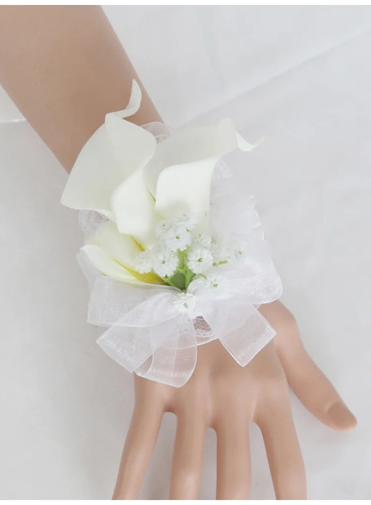 Corsage Bruidegom Boutonniere Pin Bruids Pols Corsage Witte Calla Lily Bruidsmeisje Armband Mannen Prom Bruiloft Bloem Accessoires