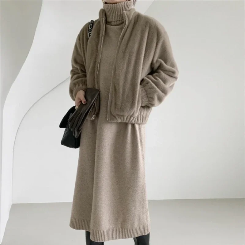 REALEFT خمر الكشمير الياقة المدورة المرأة محبوك فساتين طويلة 2025 جديد الخريف الشتاء كم طويل مستقيم فستان سترة فضفاضة #6