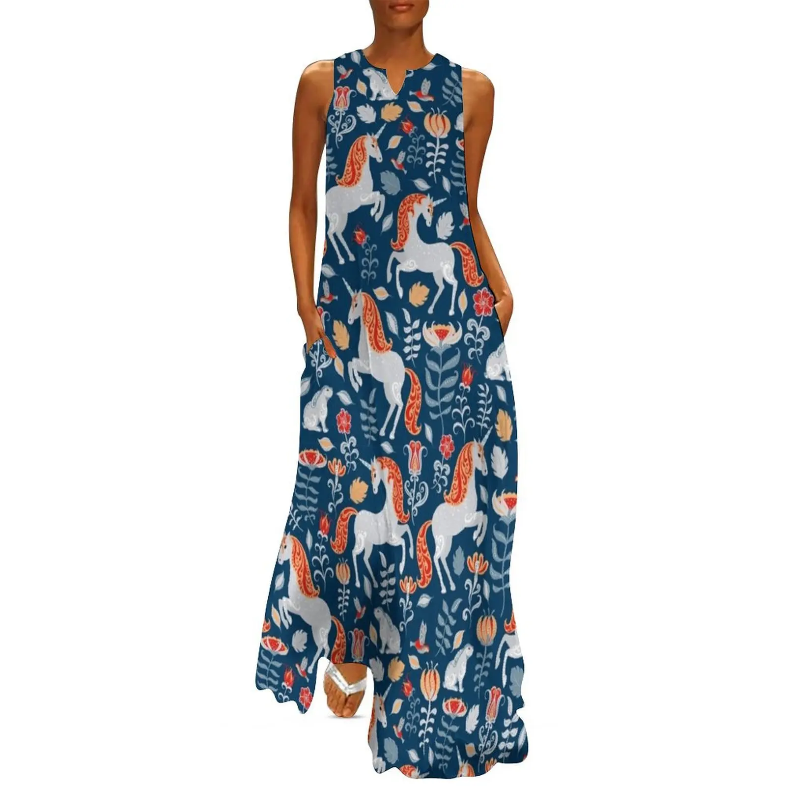 

Unicorns, rabbits, birds, flowers. decorative seamless pattern. Folk art. Long Dress women party dresses Elegant gown Dress