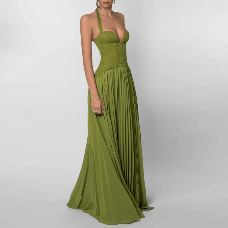Sexy Low-cut Collar Hollow Pleated Long Dress Woman Spring Embroidered Lace Up Party Dress Summer Backless High Waist Maxi Dress