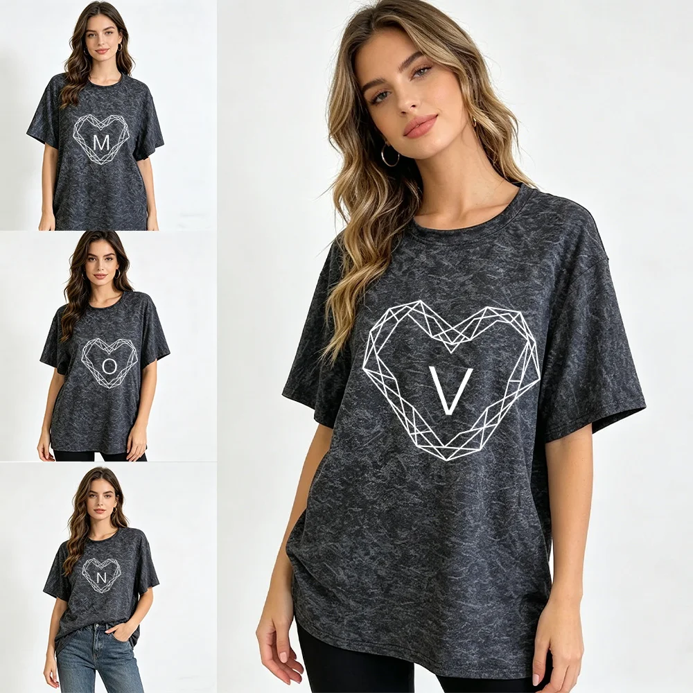 New Women Summer Round Neck Short Sleeve Tees Initials pattern Casual Comfortable Loose‑Fit Couple Outfits Streetwear T‑S