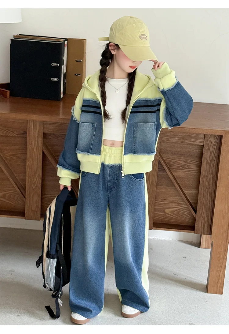 

Джинсовый комплект с капюшоном для девочек, джинсовый костюм с элементами пэчворка, детский джинсовый наряд, подходит для школы, игр и дней рождения