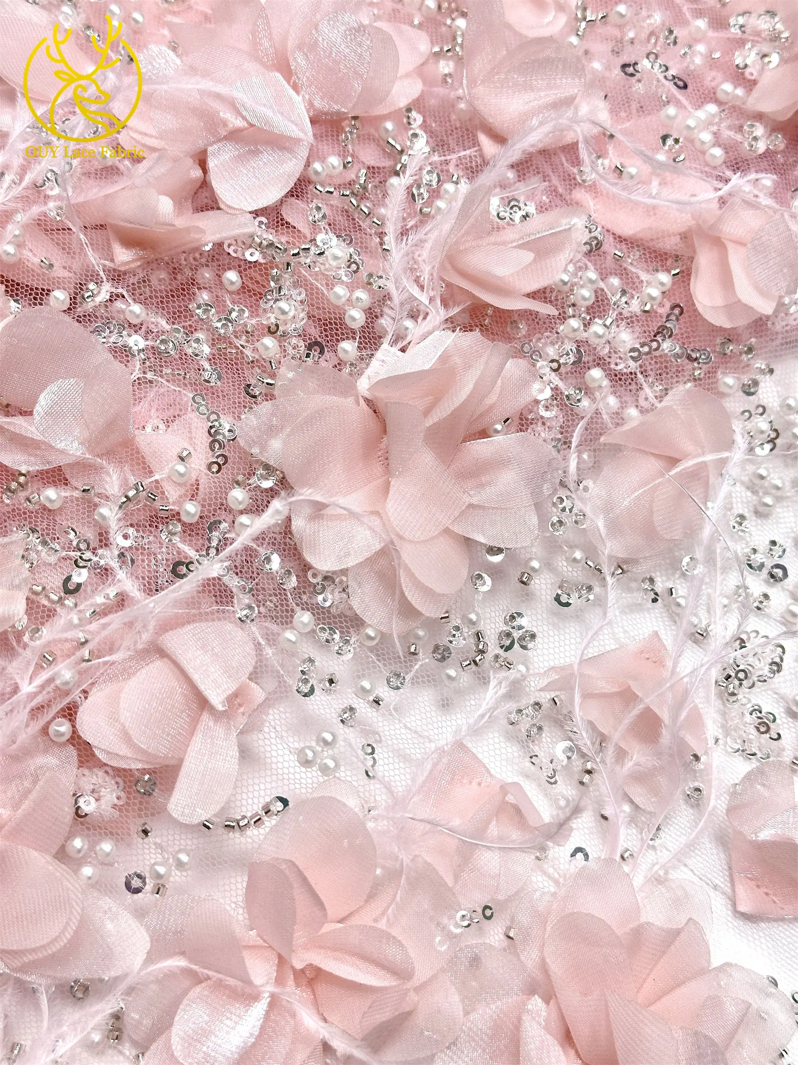 Eleganter handgefertigter 3D-Applikations-Spitzenstoff 2026, hochwertige französische Pailletten-Tüllspitze für Hochzeits- und Partykleider, 5 Yards – Detail 16