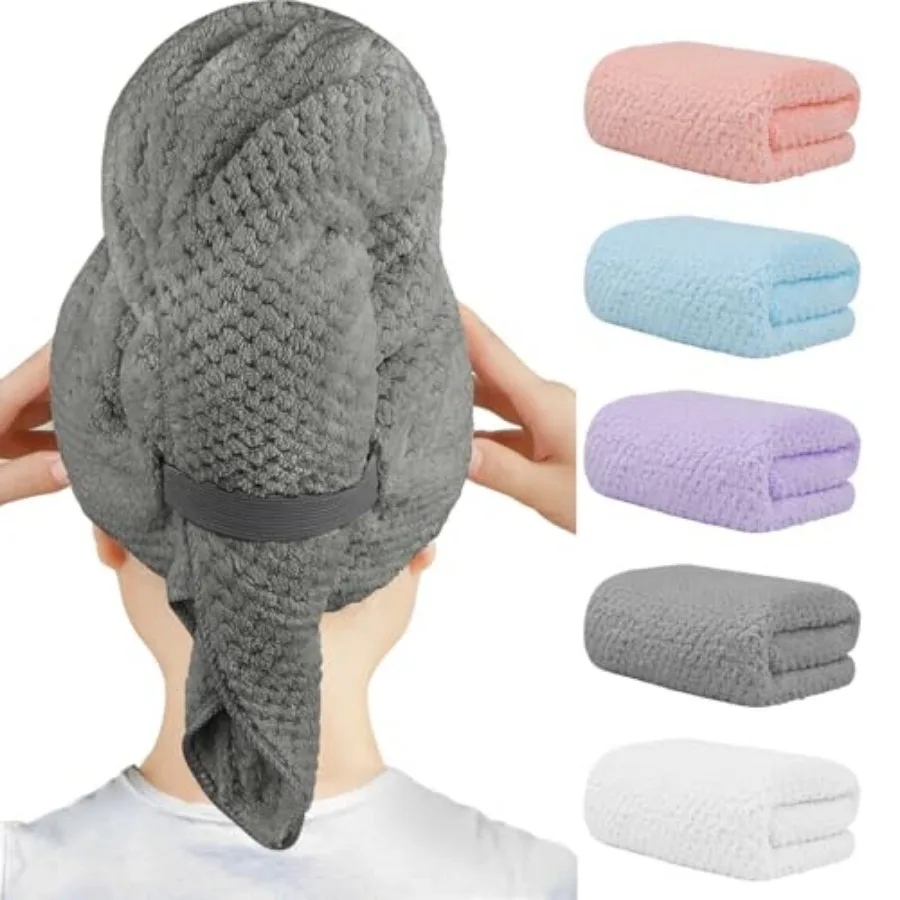 

5 Pack Microfiber Hair Towels - Super Soft, Fast Dryg Turbans for Long, Thick, Curly Hair - Anti Frizz Wrap with Elastic Strap