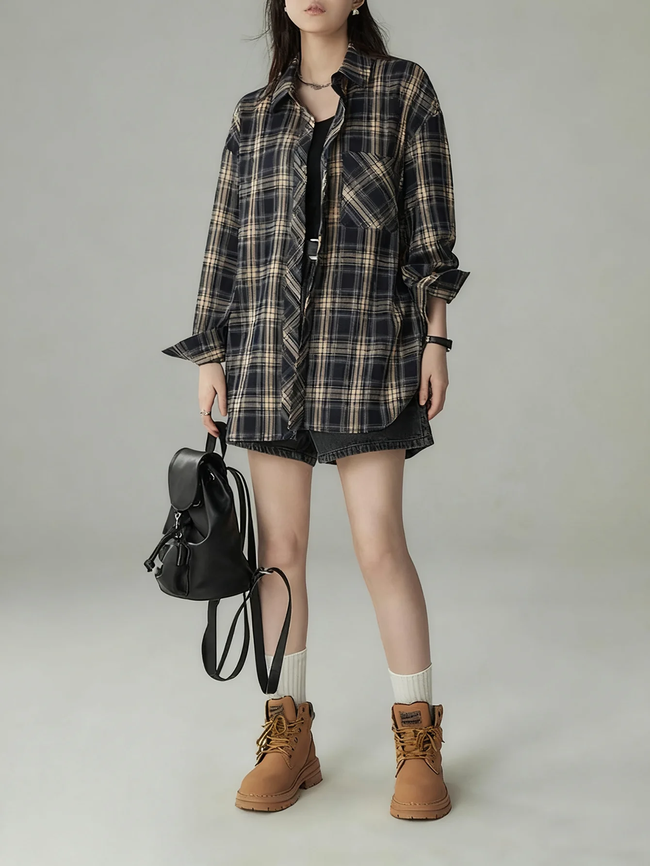 Retro plaid shirt women's autumn loose outer long-sleeved shirt lazy style layered top
