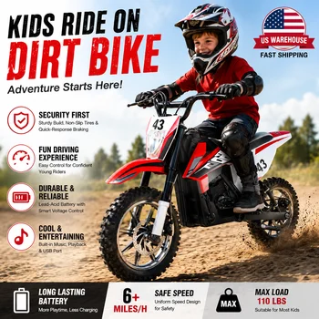 Motocykl terenowy dla dzieci na baterie z reflektorem, odtwarzaczem muzyki, antypoślizgowymi oponami, dla dzieci od 6 lat, dostępny w USA.