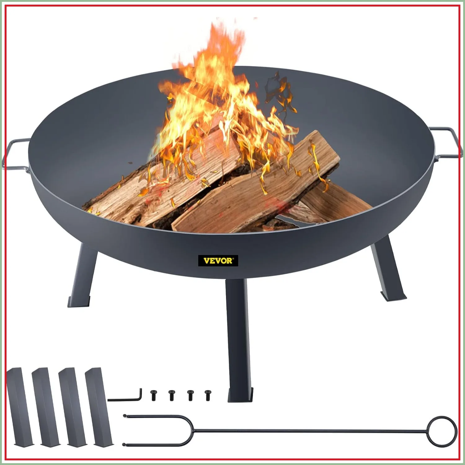 Factory Direct 2026 34in Fire Pit Bowl Carbon Steel Outdoor Patio Camping Portable Handles Firewood Stick Black