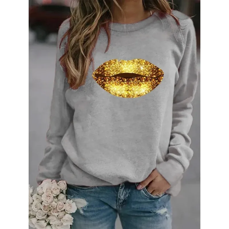 New Gold Lip Pattern Printed Women\'s Fleece Long-sleeved Loose Neck Sports Casual Round Neck Hoodie Sweatshirt Clothes