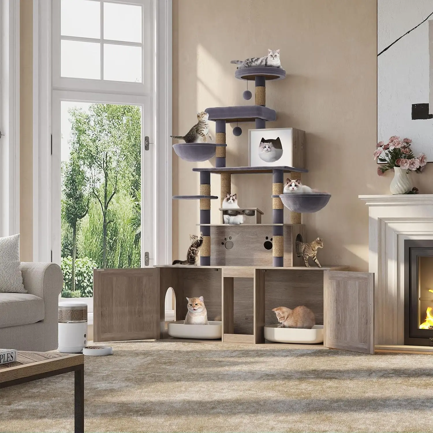 Indoor Cat Use, Wood and Sisal Material, Grey, All - in - One Cat Tower with Litter Box Enclosures