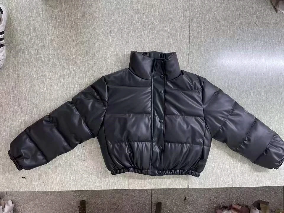 Winter Thick Warm Cropped Puffer Jacket Women Black PU Leather Parkas Elegant Zipper Coat Cotton Padded Punk Outwear 2023