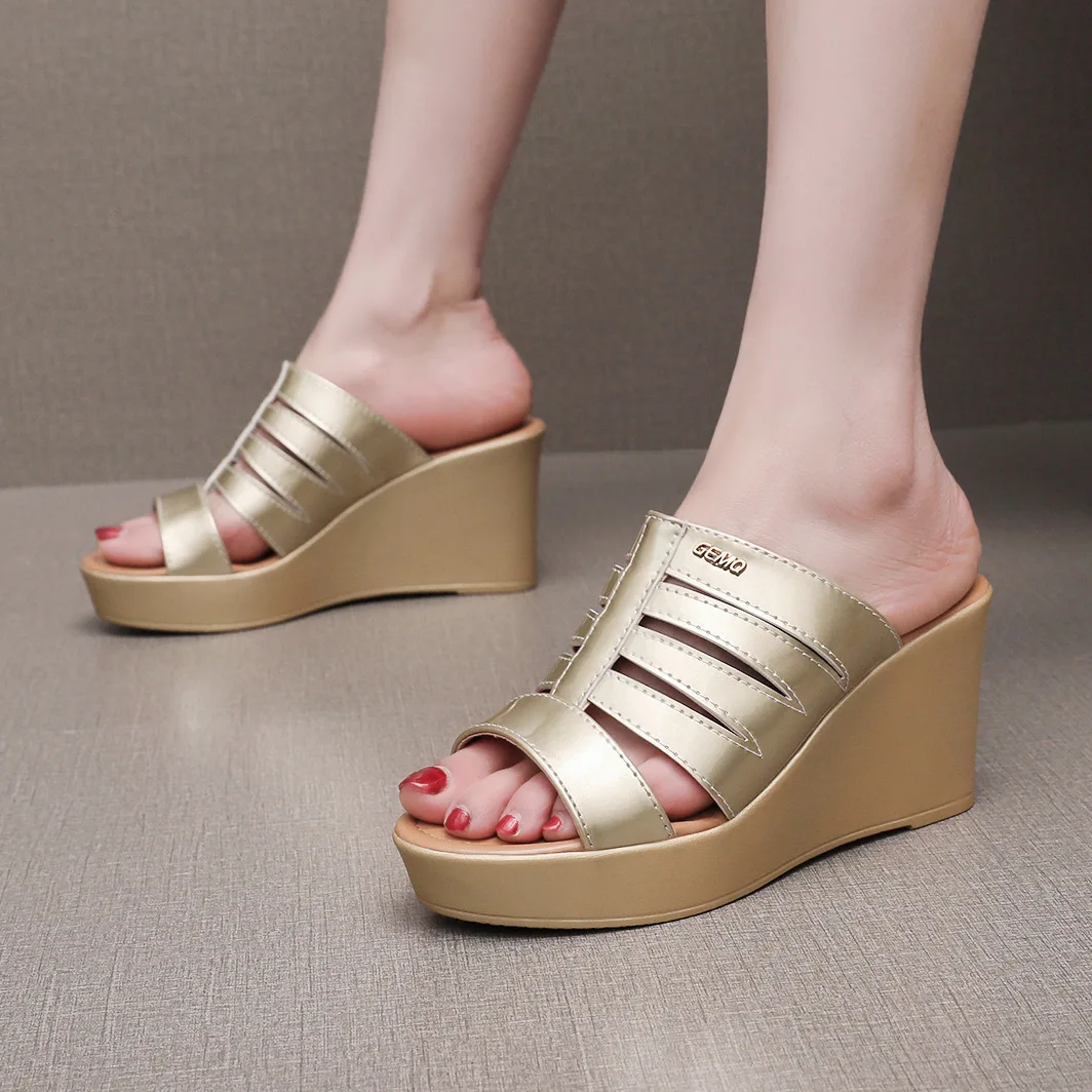 High quality summer leather wedge Slipper for women 6cm 8cm 10cm high heel 33 34 open toe elegant fashion shoe view 3