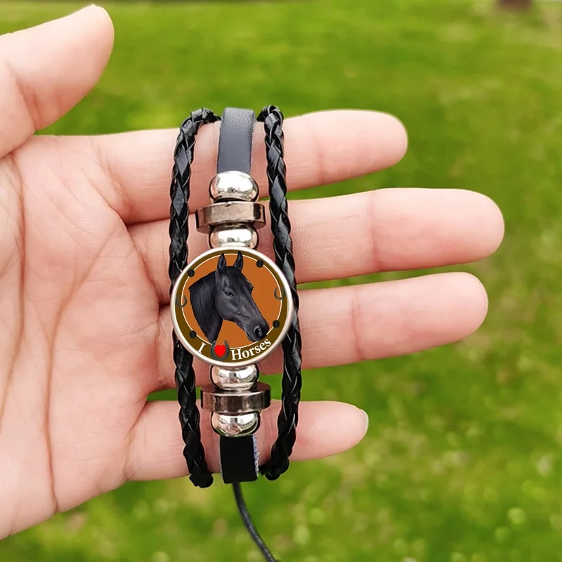 جلد الحصان سوار للرجال النساء صديق أسود أبيض براون الحصان الحيوان نمط اليدوية مطرز الأساور المنسوجة مجوهرات الاطفال #2