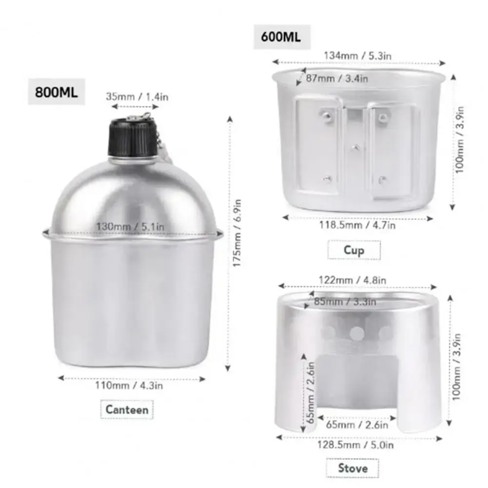 Outdoor Camping Cookware Set 3-piece Canteen Set with 800ml Water Bottle 600ml Cup Stove Pouch Kit for Camping Outdoor Cooking