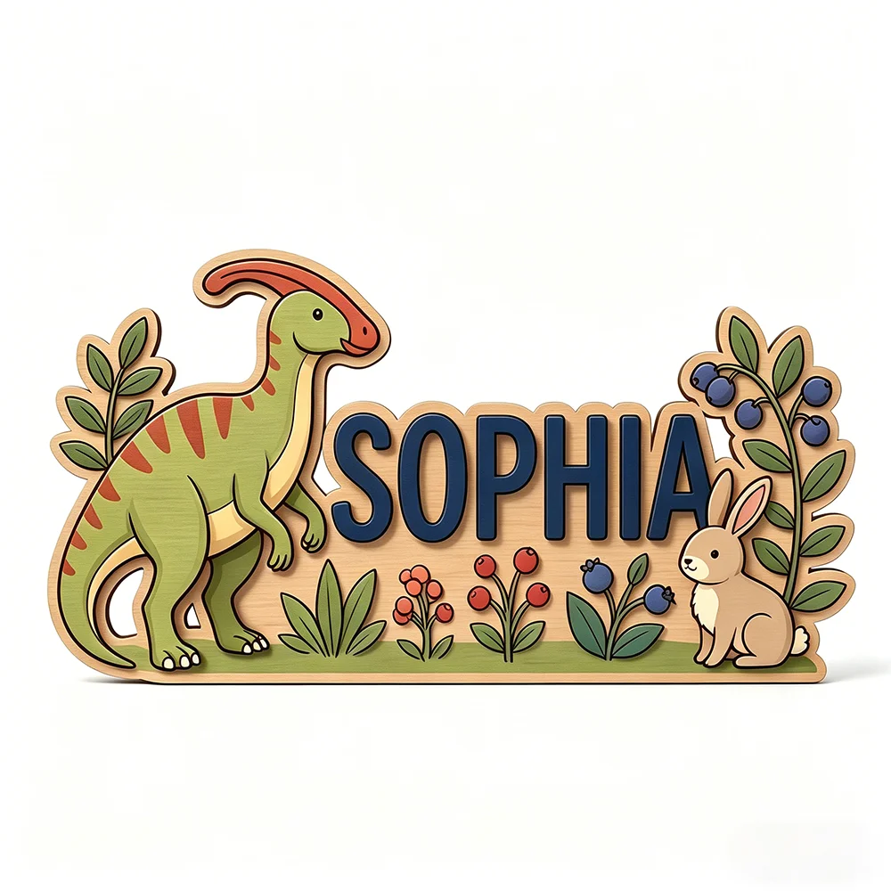 Personalized Dino & Bunny Name Sign, Wooden Forest Nursery Decor, Cute Kids Door Plaque, Unique Animal Lover Gift