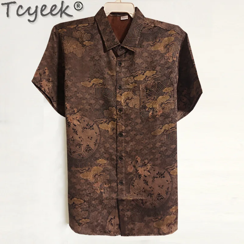 Tcyeek 100% Real Mulberry Silk Shirt Men Summer Clothes 5 Colors Fashion Short Sleeve Top Casual Mens Shirts Chinese Style 2024