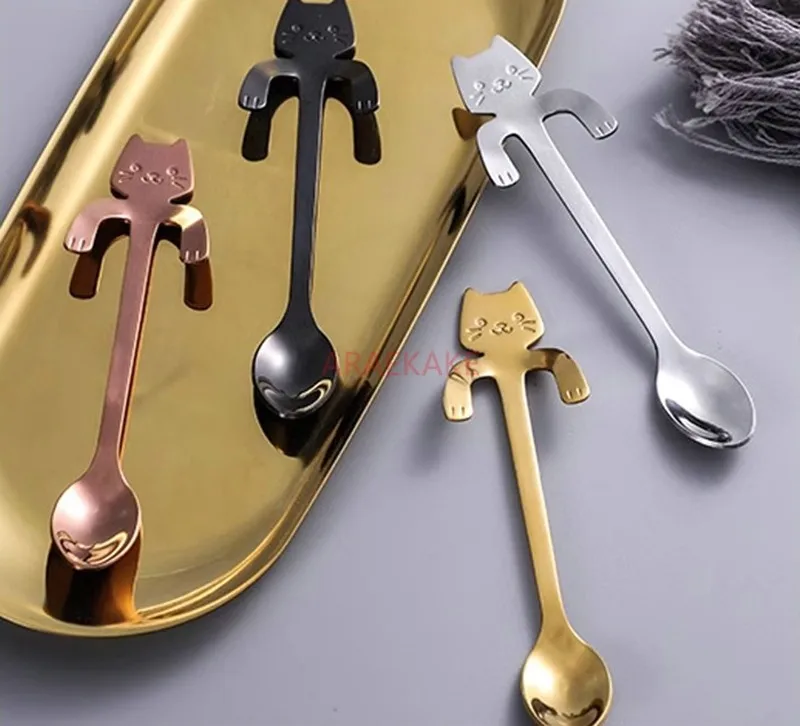 الفولاذ المقاوم للصدأ لطيف القط على شكل ملعقة قهوة معلقة ملعقة الإبداعية الكرتون الإنترنت الشهيرة القط اثارة الحلوى ملعقة الآيس كريم #5