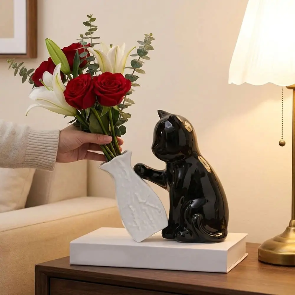 Funny Ceramic Cat Pushing Vase Unique Handmade Flower Holder Cat Statue Kitten with Tilted Flower Vase Living Room