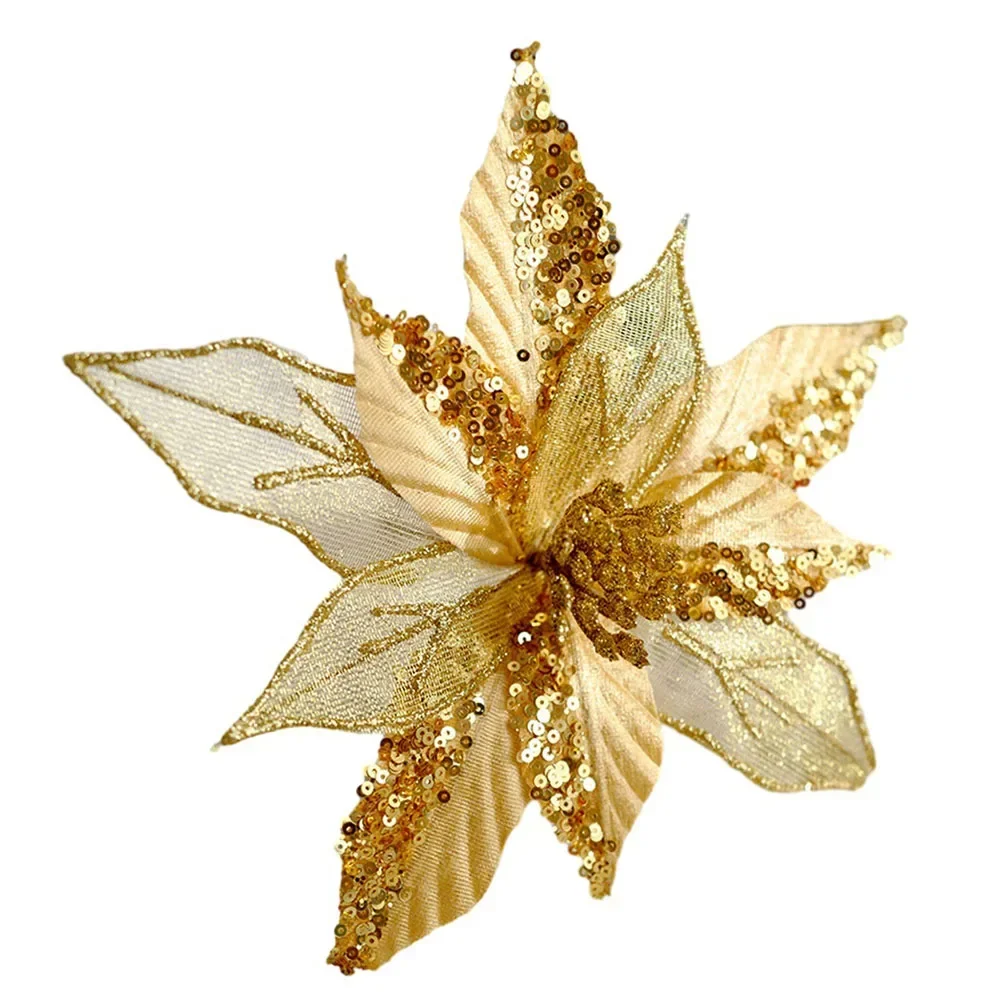 Elegant and Charming Christmas Poinsettia Glitter Flower Hanging Xmas Party Tree Decoration for a Stunning Effect