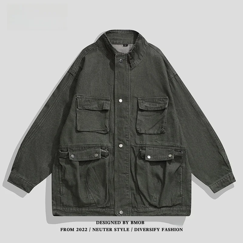 Retro Workwear Jacket Multiple Pockets Loose Fit High Street Unisex Mid-Length Denim Coat Stand Collar Trendy Casual Outerwear