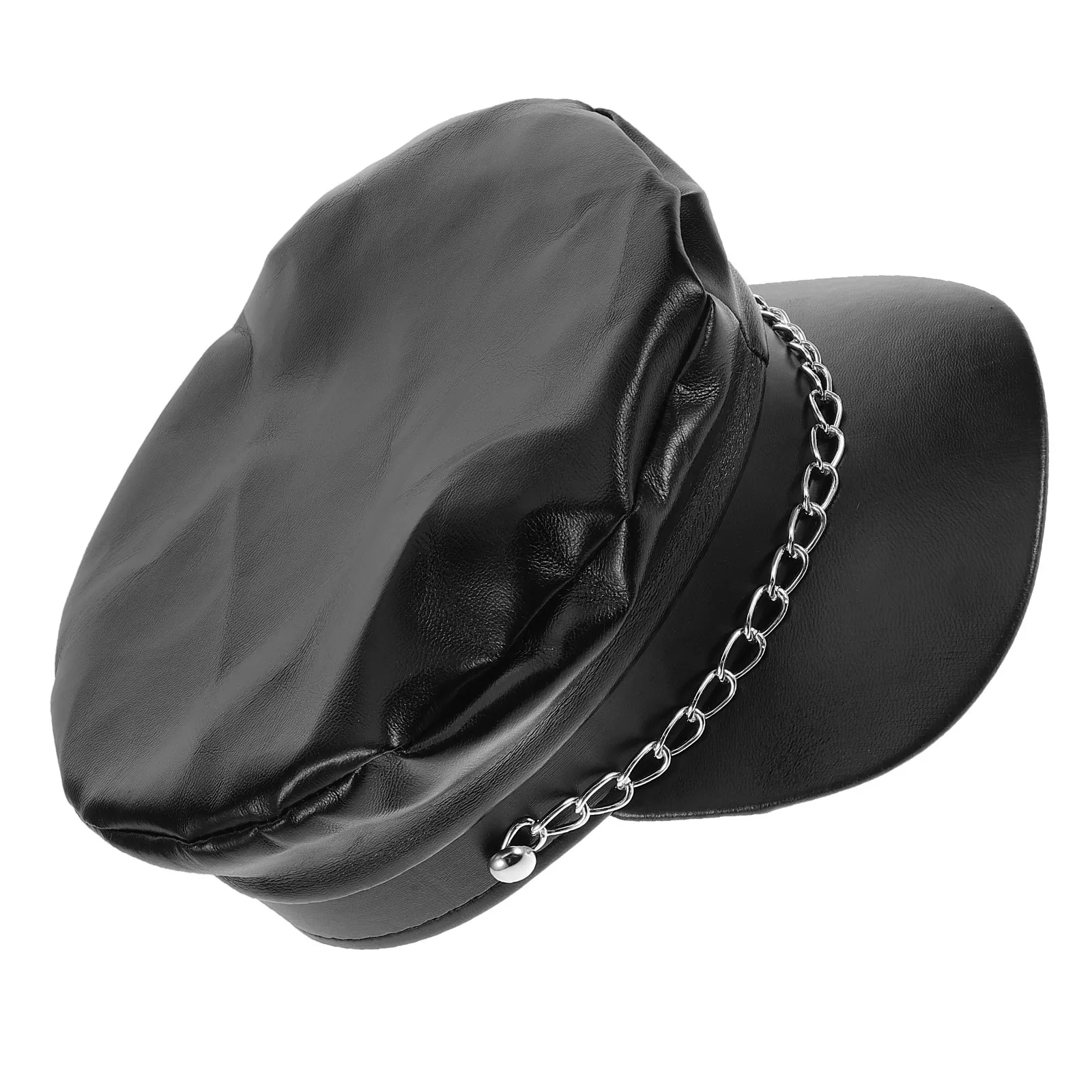 Black PU Sailor Hat Vintage Style Flat Top Short Brim with Decorative Iron Chain Unisex Newsboy Cap Costume Party Halloween