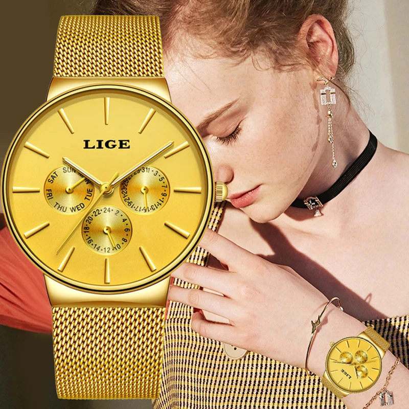 

LIGE Classic Women Rose Gold Top Brand Luxury Laides Dress Business Fashion Casual Waterproof Watches Quartz Calendar Wristwatch