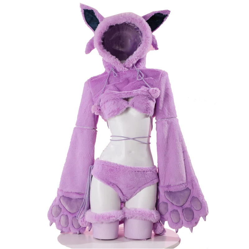 

Women Kawaii Sexy Plush Hooded Bodysuit Socks Suit Cute Cat Paw Pajamas Halloween Christmas Clothes Anime Espeon Cosplay Costume