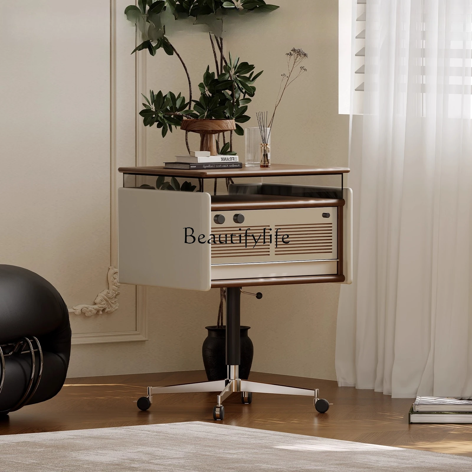 

French retro mobile solid wood trolley coffee table side cabinet can be lifted and lowered, side table