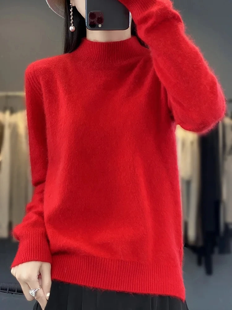 

Autumn Winter Women's Basic Mock-neck Pullover Sweater 100% Mink Cashmere Solid Long Sleeves Cashmere Knitwear Female Clothing