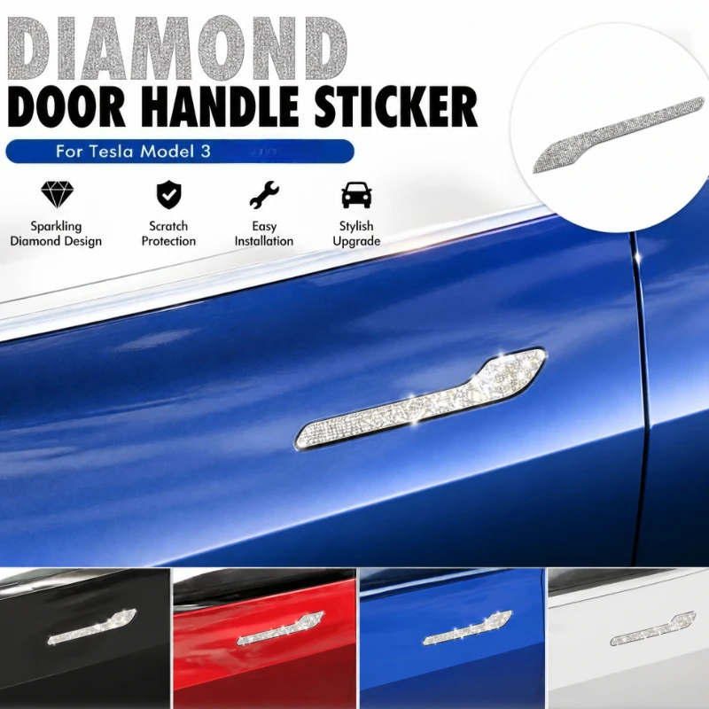 Exterior Trim Stickers for Tesla Model 3, 4Pcs Rhinestone Diamond Inlaid Door Handle Decor Decals, Modified Car Door Handle