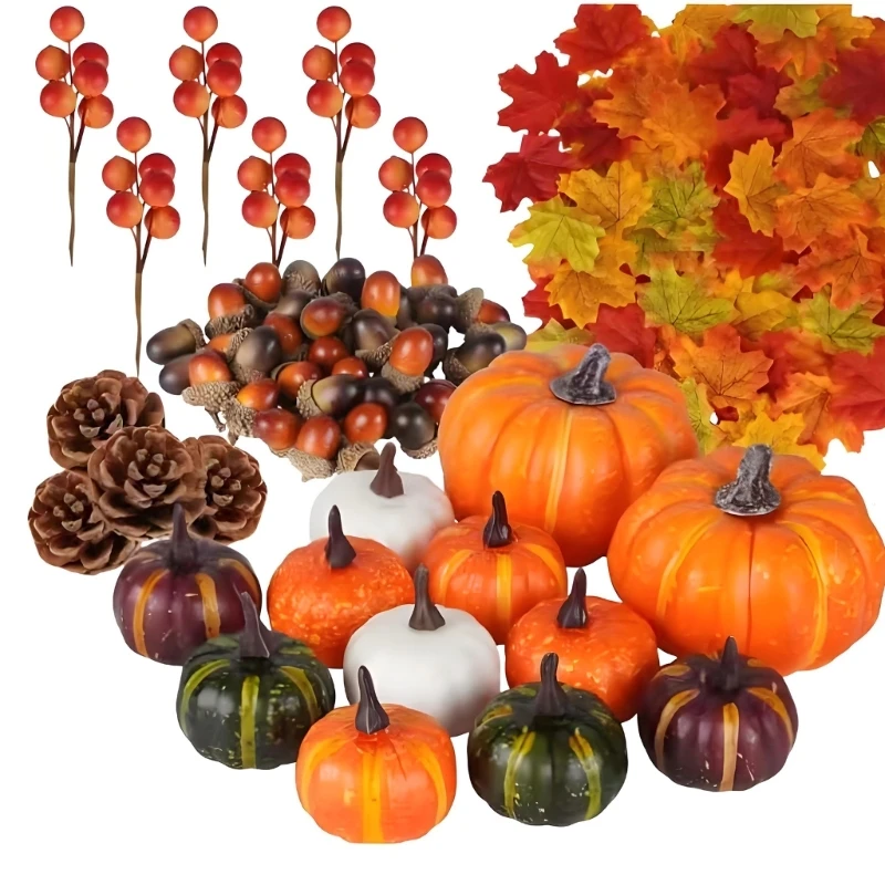 Harvest Home Styling-Set mit künstlichen Kürbissen, gemischter Herbstauswahl und Tannenzapfen für saisonale Präsentation und – Detail 1
