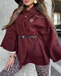 Women's High Neck Single Button Bell Sleeve Jacket Belted Flowy Cape Coat Female Daily Clothing Autumn New Women Casual Coats