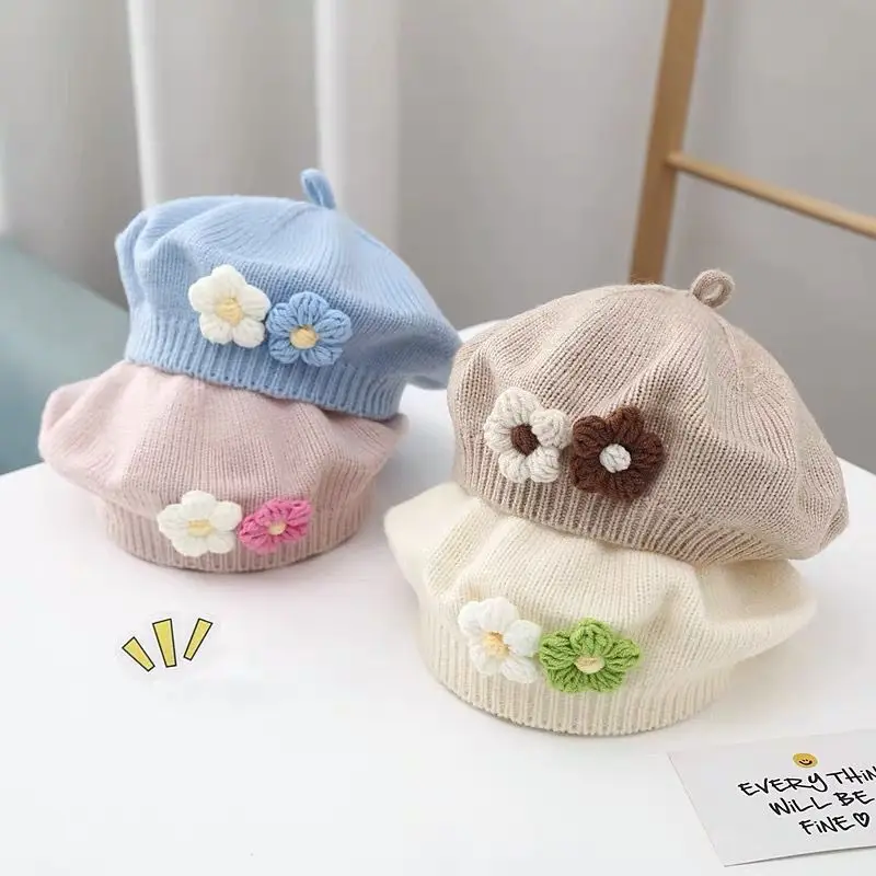 Boinas de lana con flores para bebé y niña, gorro de punto cálido, Color sólido, coreano, pintor, Otoño e Invierno
