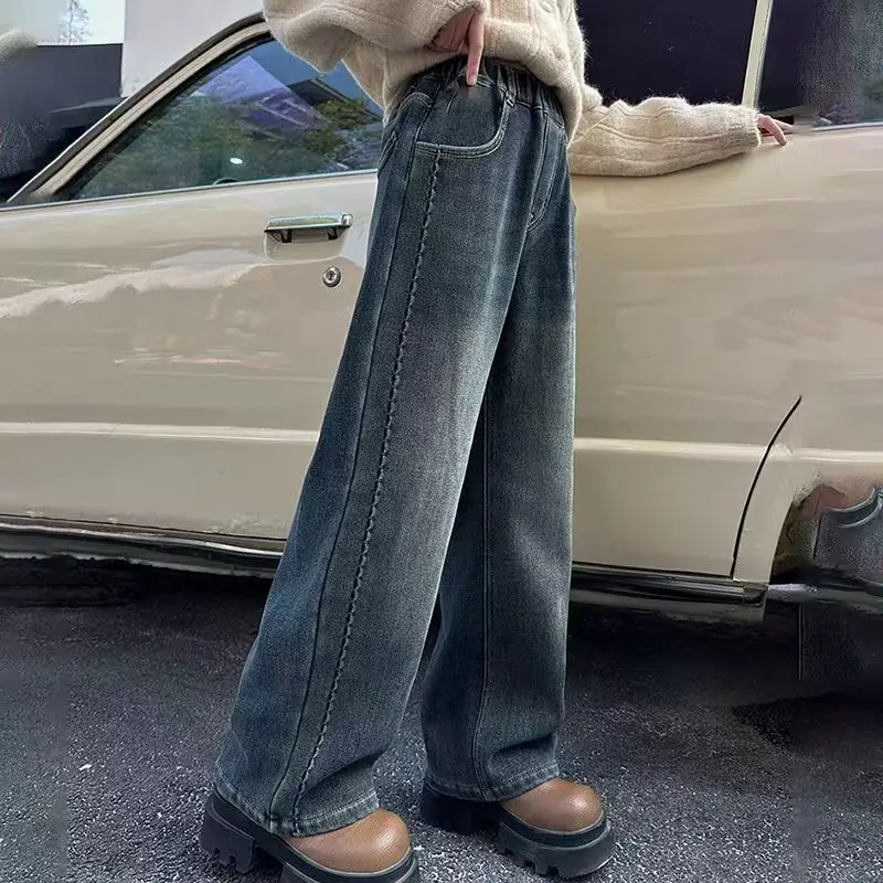 Girls High Waist Wide Leg Jeans Autumn 2026 Kids Dark Denim Pants Loose Straight Casual Trousers