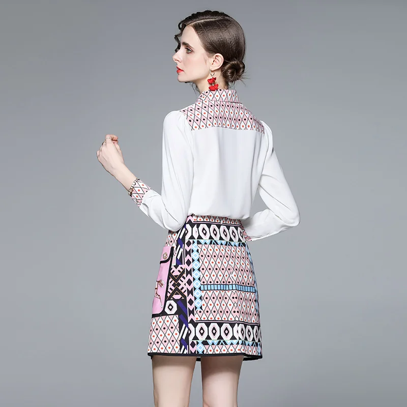 New 2022 Fashion Runway Summer Skirt Suit Women\'s Horse Geometry Print Blouse And A Line Pocket Buttons Skirt 2 Two Piece Set