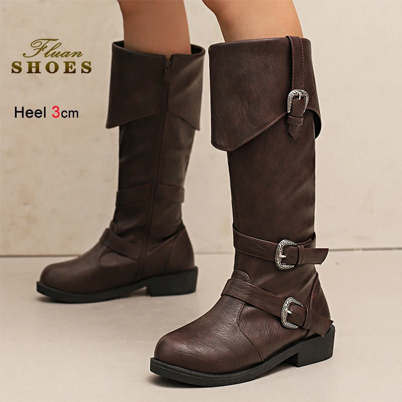 

Женские высокие сапоги на низком каблуке 3 см, тренд в стиле панк, новый рок, осень-зима, модная женская обувь из искусственной кожи, современные рыцарские сапоги выше колена