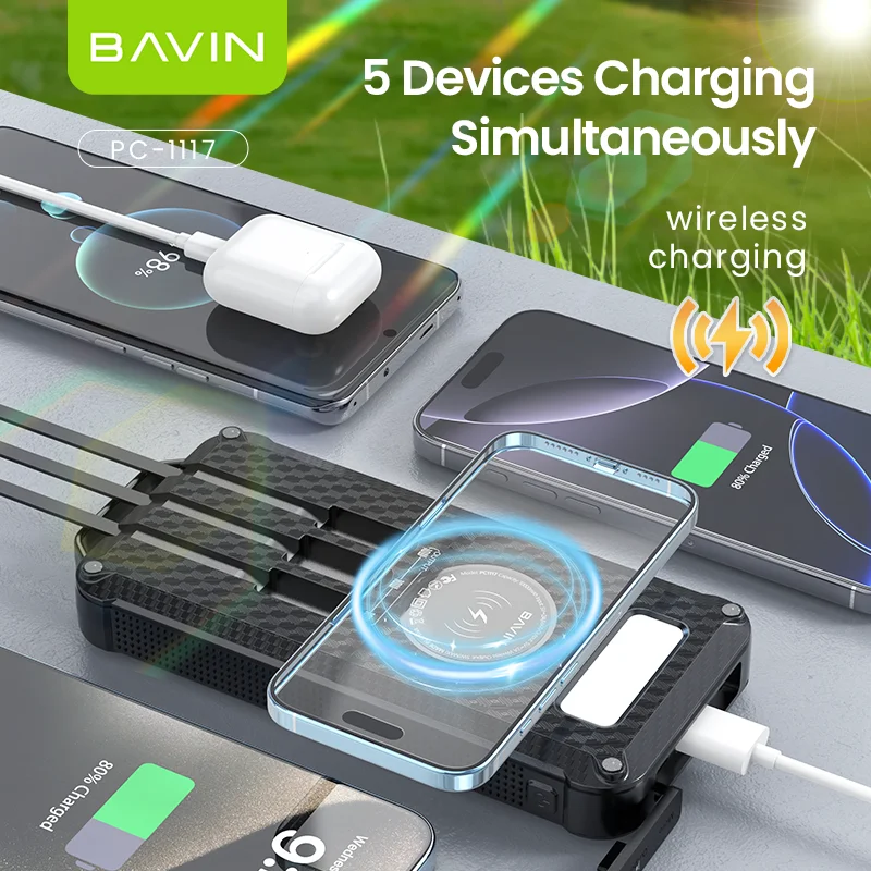 BAVIN المحمولة قوة البنك PC1117 10000mah ليثيوم بوليمر لوحات البطارية السفر شحن سريع بنك الطاقة الشمسية مع كابل إضاءة LED