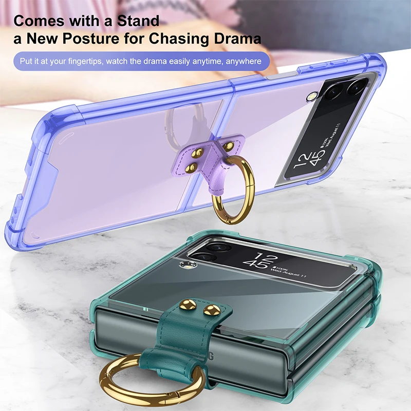 For Samsung Galaxy Z Flip 5 4 3 Case Ring Bracket Folding Anti-Fall Colored Transparent Four Corners Shockproof Back Hard Cover