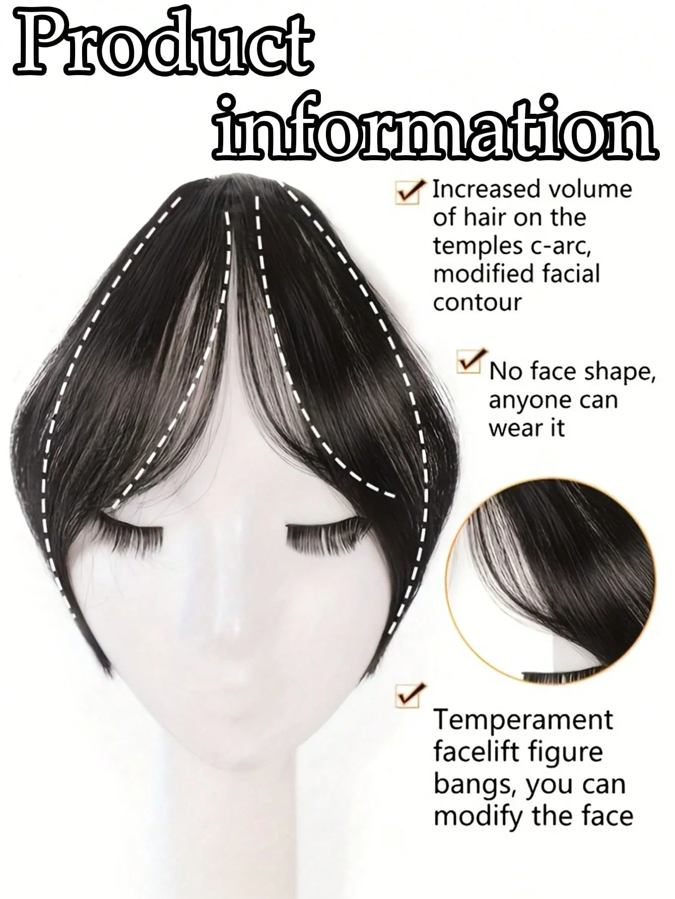 Синтезный парик Средняя часть челки Наращивание волос на клипсе на лбу Натуральная бесшовная французская косая челка Восьмисимвольная челка