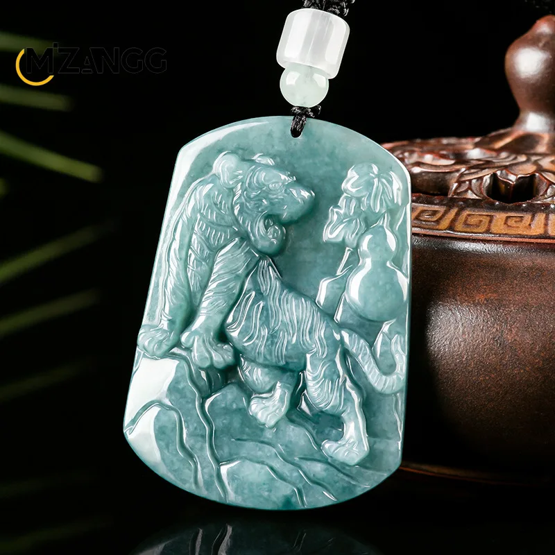 Natural A-goods Jadeite Blue Water Zodiac Tiger Pendant Hand-carved Exquisite Luxury Ice Jade Necklace Men & Women Holiday Gift