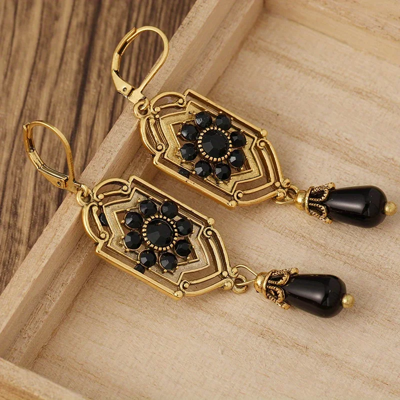 Boucles d'Oreilles Pendantes en Forme de Goutte d'Eau pour Femme, Bijoux Vintage en Pierre Noire